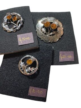 Silver Floral Brooch with Amber Crystal Accent - Women Jewelry